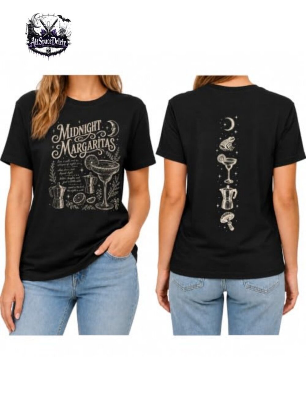 Midnight Margaritas Witchy Cocktail Graphic Tee Women Short Sleeve Crew Neck